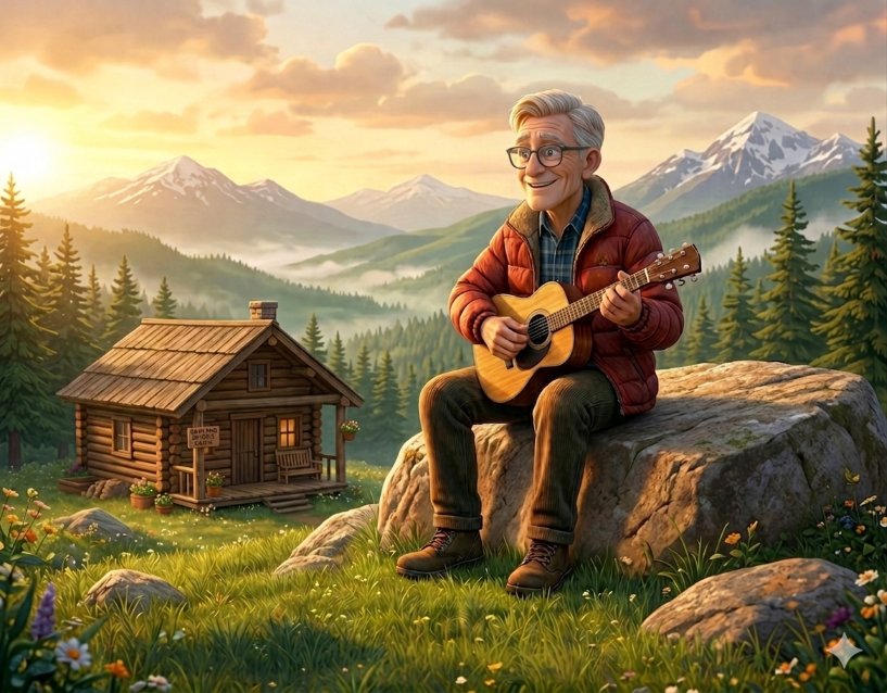 Illustration of the Storytelling Man playing guitar on a mountainside near his cabin